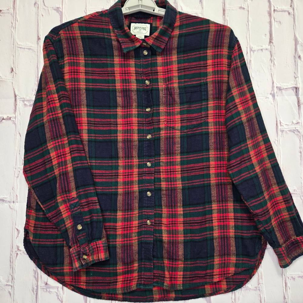 Y2K American Eagle Flannel Shirt Red Navy Plaid Button Down Casual Work Men M